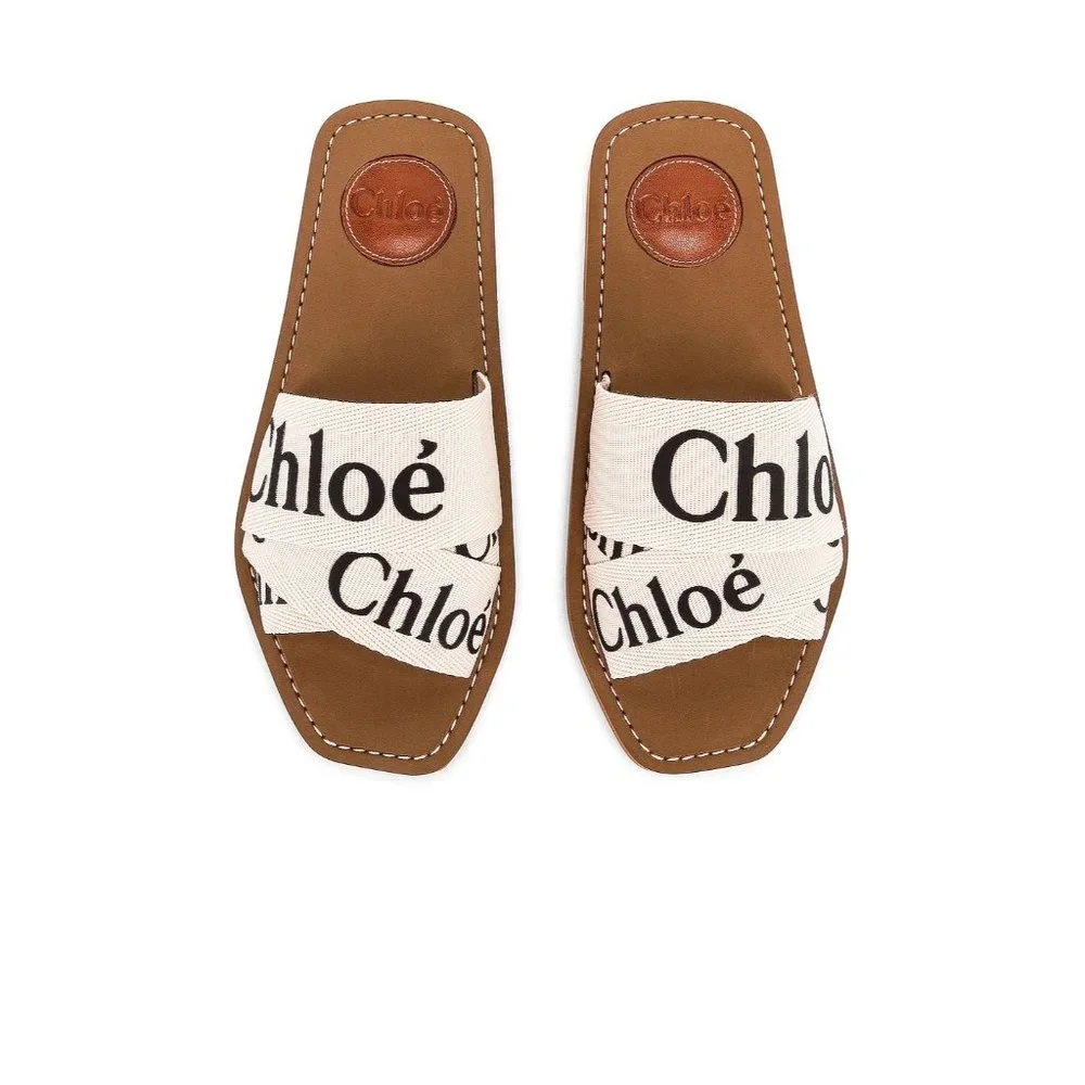 Chloé Brown Leather Slide Sandals with Cream Logo Straps - Picture 1 of 15